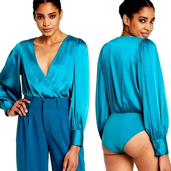 $5 SALE Sergio Hudson x Target Satin Bodysuit Crossover Neckline Teal XXS - Picture 1 of 15